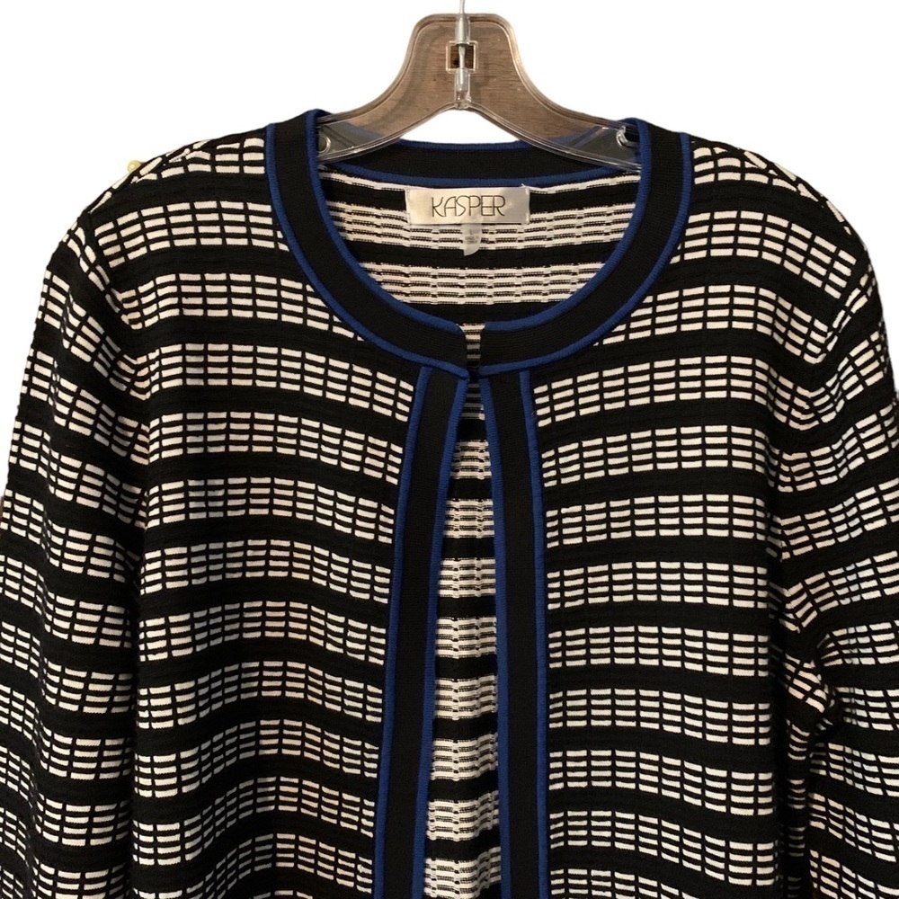 KASPER Black & White Sweater with Cobalt Blue Trim